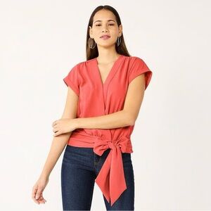 Nine West Red V-Neck Tie Blouse